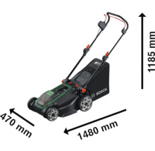 Tondeuse à gazon sans fil Bosch avec dimensions : hauteur 1185 millimètres, longueur 1480 millimètres et largeur 470 millimètres.