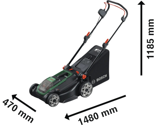 Tondeuse à gazon sans fil Bosch avec dimensions : hauteur 1185 millimètres, longueur 1480 millimètres et largeur 470 millimètres.