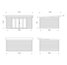 Dessin technique pour abri de jardin avec toit en appentis et parois en madriers. Vues de tous les côtés avec dimensions en millimètres.