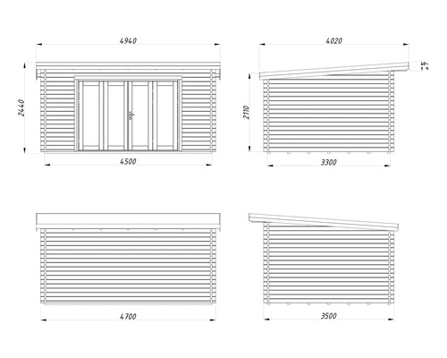 Dessin technique pour abri de jardin avec toit en appentis et parois en madriers. Vues de tous les côtés avec dimensions en millimètres.