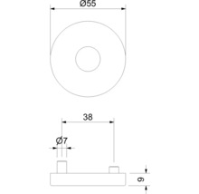 Dessin technique avec dimensions : diamètre extérieur 55 millimètres, hauteur 9 millimètres, diamètre du tenon 7 millimètres et écart 38 millimètres.
