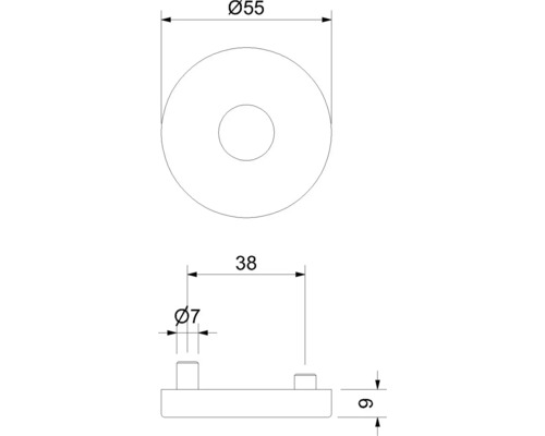 Dessin technique avec dimensions : diamètre extérieur 55 millimètres, hauteur 9 millimètres, diamètre du tenon 7 millimètres et écart 38 millimètres.