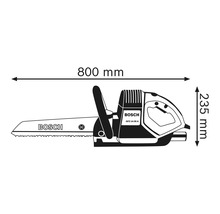 Maßzeichnung der Bosch Elektro Fuchsschwanz Säge GFZ 14-35 A mit einer Länge von 800 Millimeter und einer Höhe von 235 Millimeter.