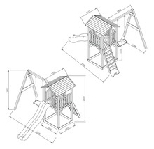 Dessin technique d'une tour de jeux en bois avec toboggan, balançoire et échelle, comprenant les dimensions en millimètres.
