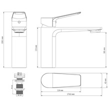 Maßzeichnung einer Waschtischarmatur mit Maßangaben in Millimeter für den Armaturenkörper und das Ablaufventil.