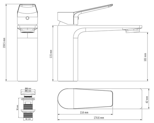 Maßzeichnung einer Waschtischarmatur mit Maßangaben in Millimeter für den Armaturenkörper und das Ablaufventil.