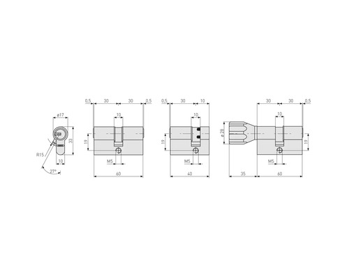 Dessin technique avec dimensions pour cylindres profilés ABUS, cylindres doubles, demi-cylindres et cylindres à bouton en millimètre. ABUS Logo.