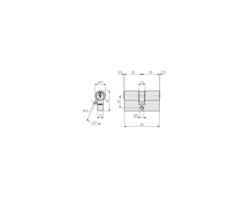 Schéma technique d'un cylindre de serrure pour portes avec dimensions détaillées en millimètres.