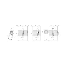 Dessin technique avec dimensions pour cylindres de porte ABUS tels que cylindres doubles, demi-cylindres et cylindres à bouton.
