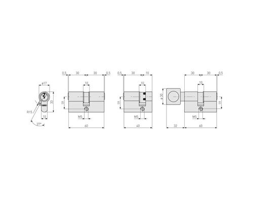 Dessin technique avec dimensions pour cylindres de porte ABUS tels que cylindres doubles, demi-cylindres et cylindres à bouton.