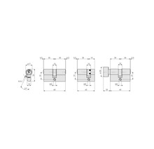 Dessin technique pour cylindres de porte avec dimensions en millimètres, montrant la vue de profil, le double cylindre, le demi-cylindre et le cylindre à bouton.