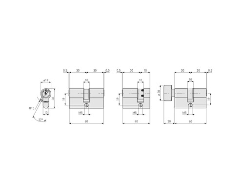 Dessin technique pour cylindres de porte avec dimensions en millimètres, montrant la vue de profil, le double cylindre, le demi-cylindre et le cylindre à bouton.