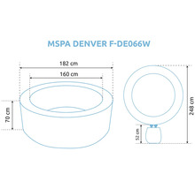 Dimensions du jacuzzi MSPA Denver F-DE066W : diamètre extérieur 182 centimètres, diamètre intérieur 160 centimètres, hauteur 70 centimètres.