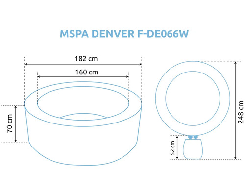 Dimensions du jacuzzi MSPA Denver F-DE066W : diamètre extérieur 182 centimètres, diamètre intérieur 160 centimètres, hauteur 70 centimètres.