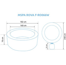 Dessin technique du spa MSPA ROVA avec dimensions extérieures 182 centimètres, intérieures 160 centimètres et hauteur 70 centimètres.