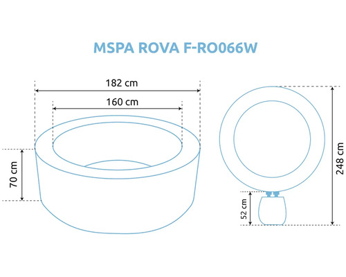 Dessin technique du spa MSPA ROVA avec dimensions extérieures 182 centimètres, intérieures 160 centimètres et hauteur 70 centimètres.