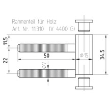 Technische Zeichnung Rahmenteil für Holz, Höhe 34,5 Millimeter, Bolzenlänge 50 Millimeter, Durchmesser 7 Millimeter.