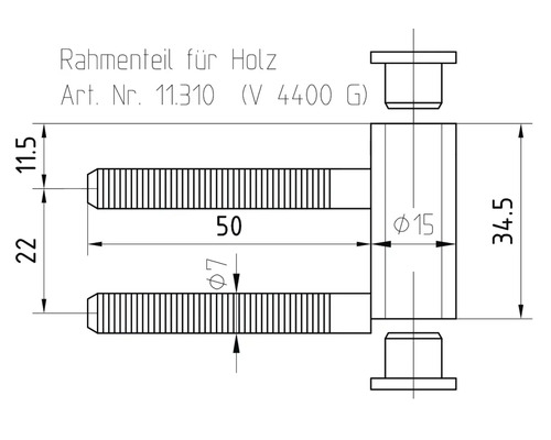 Technische Zeichnung Rahmenteil für Holz, Höhe 34,5 Millimeter, Bolzenlänge 50 Millimeter, Durchmesser 7 Millimeter.