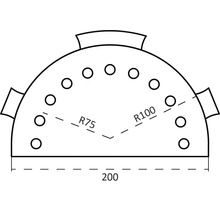 Dessin technique d une plaque semi-circulaire avec perçages, diamètre deux cents millimètres, rayon soixante-quinze et cent millimètres.