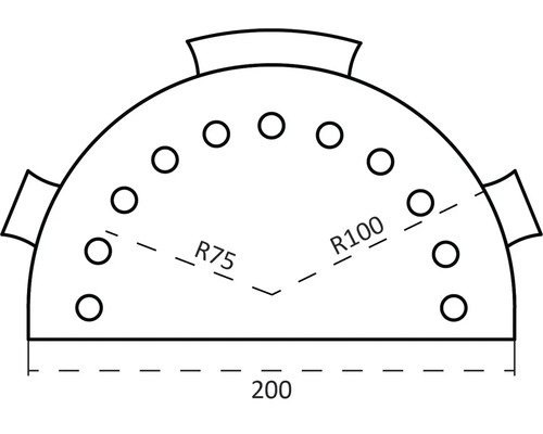 Dessin technique d une plaque semi-circulaire avec perçages, diamètre deux cents millimètres, rayon soixante-quinze et cent millimètres.