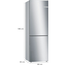 Réfrigérateur combiné Bosch aspect acier inoxydable, hauteur 186 centimètres, largeur 60 centimètres, profondeur 65 centimètres.