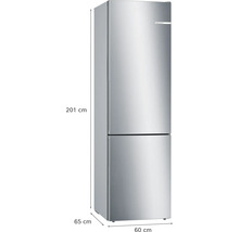 Réfrigérateur-congélateur Bosch aspect acier inoxydable, hauteur 201 centimètres, largeur 60 centimètres et profondeur 65 centimètres.