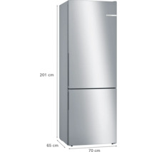 Combiné réfrigérateur-congélateur Bosch en aspect acier inoxydable, hauteur 201 centimètres, largeur 70 centimètres, profondeur 65 centimètres.