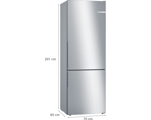 Combiné réfrigérateur-congélateur Bosch en aspect acier inoxydable, hauteur 201 centimètres, largeur 70 centimètres, profondeur 65 centimètres.