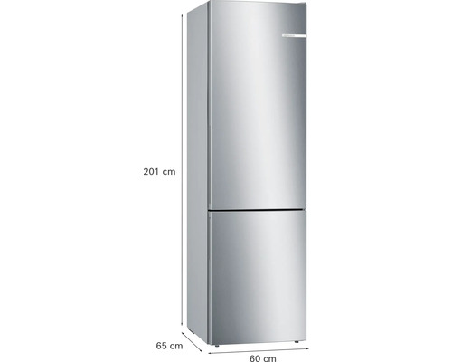 Réfrigérateur-congélateur Bosch aspect acier inoxydable, hauteur 201 centimètres, largeur 60 centimètres et profondeur 65 centimètres.