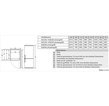 Dessin coté pour les combinés réfrigérateur-congélateur KGV39, KGE39 et KGE49 avec détails sur la hauteur, largeur et profondeur en millimètres.