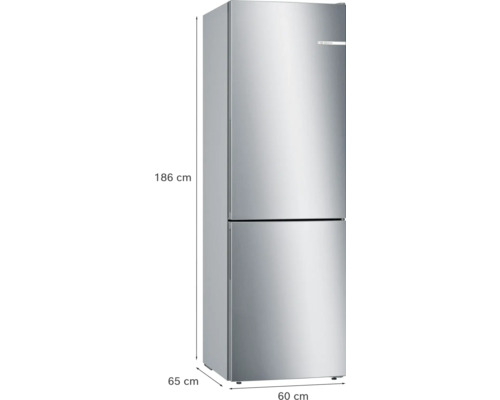 Réfrigérateur combiné Bosch aspect acier inoxydable, hauteur 186 centimètres, largeur 60 centimètres, profondeur 65 centimètres.