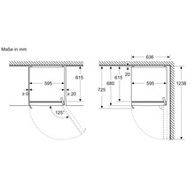 Schéma technique avec dimensions en millimètres pour l'installation, largeur 595 millimètres et angle d'ouverture de 125 degrés.