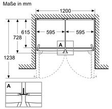 Dessin technique de porte de douche à deux battants avec dimensions en millimètres. Largeur 1200, éléments 595, rayon ouverture 1238.
