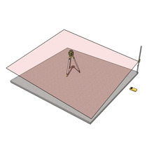 Illustration montrant un laser rotatif sur un trépied créant un plan de nivellement horizontal sur du béton avec mire et récepteur.