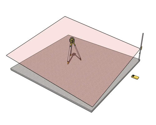 Illustration montrant un laser rotatif sur un trépied créant un plan de nivellement horizontal sur du béton avec mire et récepteur.