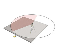 Illustration d'un laser rotatif sur trépied avec projection à 360 degrés, fonction mode secteur et récepteur sur une surface grise.