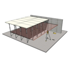 Laser rotatif sur trépied projetant un plan horizontal pour l'alignement d'étais sous une structure de plafond.