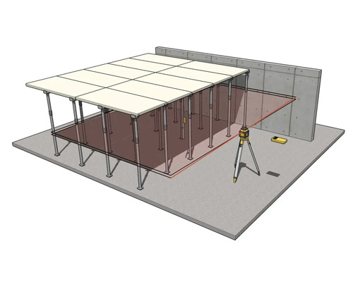 Laser rotatif sur trépied projetant un plan horizontal pour l'alignement d'étais sous une structure de plafond.