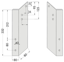Dessin technique de deux composants avec dimensions en millimètres. Hauteur totale 332 millimètres, largeur 80 millimètres.