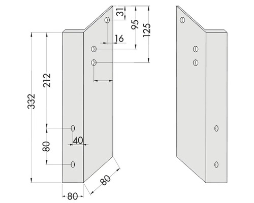 Dessin technique de deux composants avec dimensions en millimètres. Hauteur totale 332 millimètres, largeur 80 millimètres.