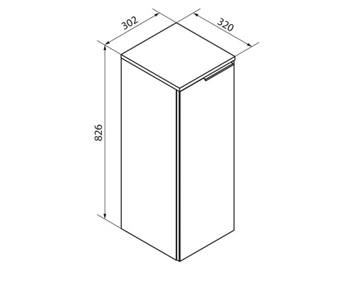 Dessin technique d un meuble bas avec des dimensions de 826 millimètres de hauteur, 302 millimètres de largeur et 320 millimètres de profondeur.