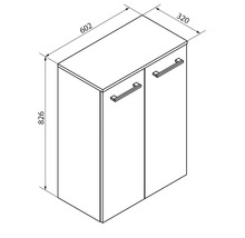 Dessin technique d'un meuble bas de salle de bain avec deux portes. Largeur 602 millimètres, hauteur 826 millimètres, profondeur 320 millimètres.