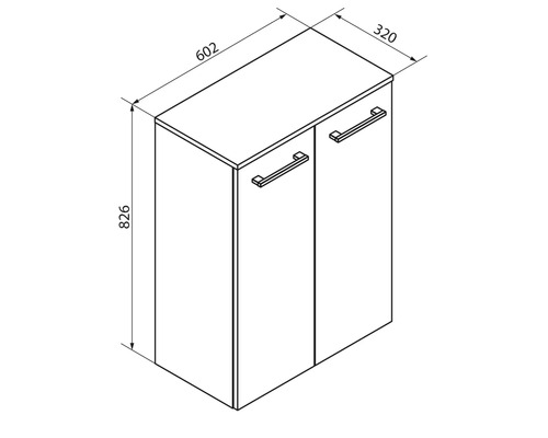 Dessin technique d'un meuble bas de salle de bain avec deux portes. Largeur 602 millimètres, hauteur 826 millimètres, profondeur 320 millimètres.