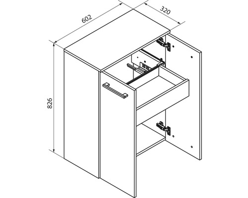 Maßzeichnung Schrank, Höhe 826 Millimeter, Breite 602 Millimeter, Tiefe 320 Millimeter, mit Türen und einer Innenschublade.