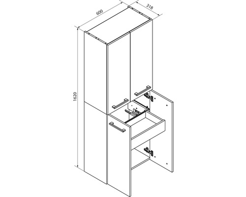 Dessin technique d'une armoire haute avec portes et tiroir intérieur. Dimensions : hauteur 1620 millimètres, largeur 600 millimètres, profondeur 318 millimètres.