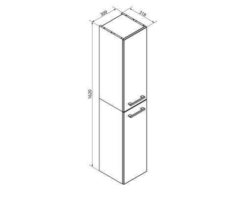 Dessin technique d une armoire de salle de bain haute avec une hauteur de 1620, une largeur de 300 et une profondeur de 318 millimètres.