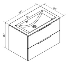 Schéma coté du meuble sous-lavabo avec deux tiroirs et vasque, largeur 800 millimètres, profondeur 501 millimètres, hauteur 557 millimètres.
