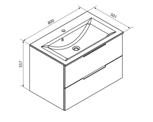 Schéma coté du meuble sous-lavabo avec deux tiroirs et vasque, largeur 800 millimètres, profondeur 501 millimètres, hauteur 557 millimètres.