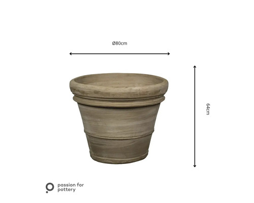 Pflanzkübel aus Terrakotta, Durchmesser 80 Zentimeter, Höhe 64 Zentimeter, Passion for pottery Logo.