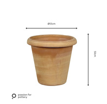 Pflanztopf aus Terrakotta mit 55 Zentimeter Durchmesser und 50 Zentimeter Höhe. Passion for Pottery Logo.